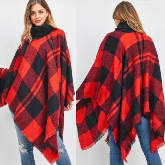 CHIC Plaid Print Knit Turtleneck Poncho Top - Picture 2 of 7
